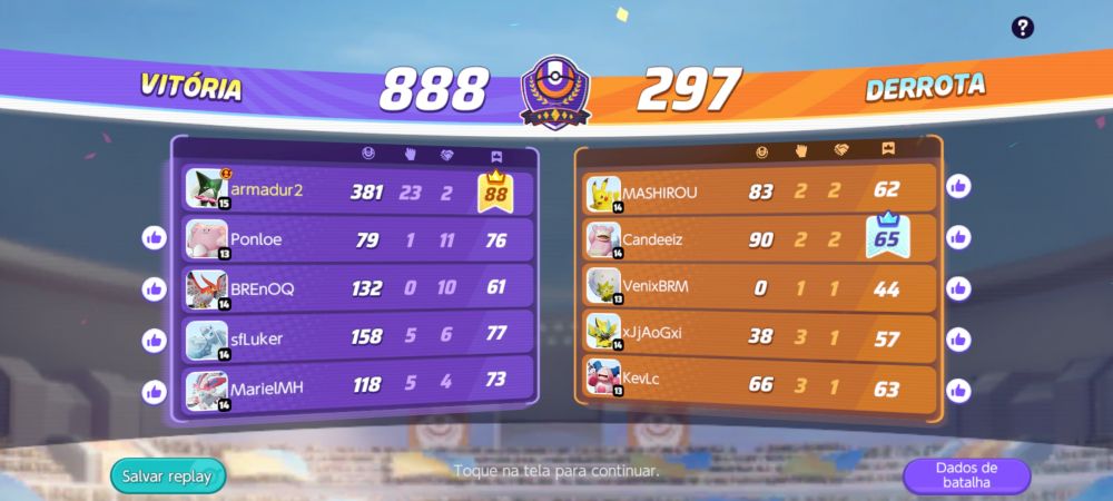 Print do meu score de pokémon united que fiz 381 pontos 