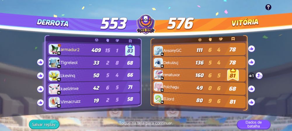 Print de score do pokémon united em que marquei 409 pontos e mesmo assim perdi a partida 