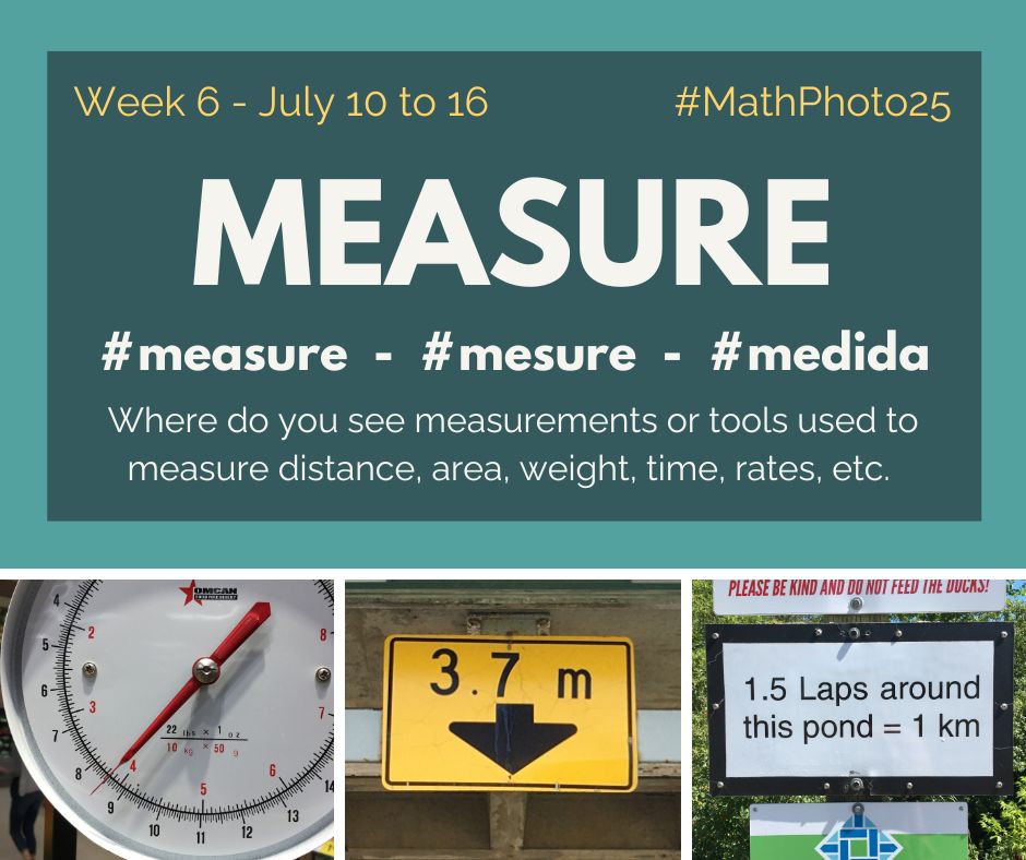 Week 6 prompt is Measure. Examples include a produce scale, a height clearance sign and a sign for the distance of a walking path around a pond.