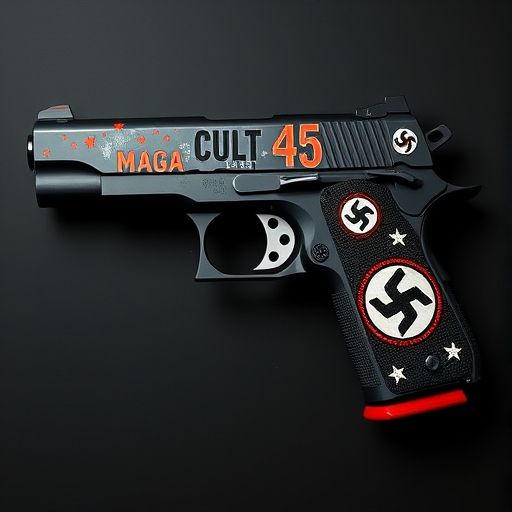 A black Colt 45 Gun with "MAGA"  and "Cult 45" written across the top of it. It has three Swastikas and 3 stars on it.