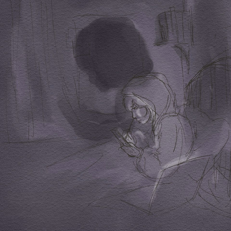 A greyscale sketch of Kanako Mitsue drawing on an illuminated tablet at night 
