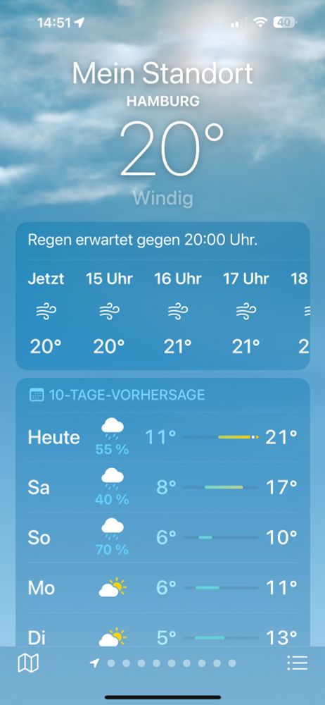 Screenshot der Wettervorhersage Hamburg für die nächste Woche.
