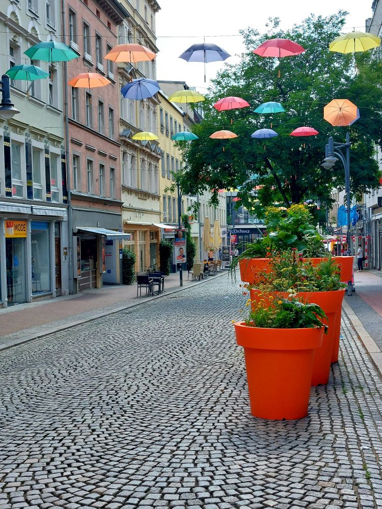 Das Foto zeigt eine gepflasterte Straße.  Links und rechts stehen drei- und vierstöckige alte Stadthäuser. Rechts stehen auf der Straße (Fußgängerzone) riesige, verschieden große Blumentöpfe. Über der Straße hängen zwischen den Häusern an Leinen bunte Regenschirme.