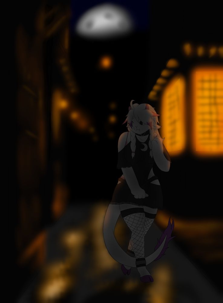 A goat girl shyly roaming the nighttime streets after being dared to wear a maid uniform