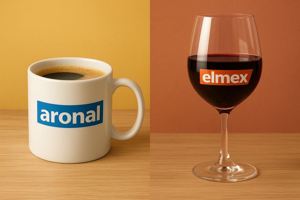 Links eine Kaffeetasse auf der aronal steht, rechts ein Glas Rotwein auf dem elmex steht...