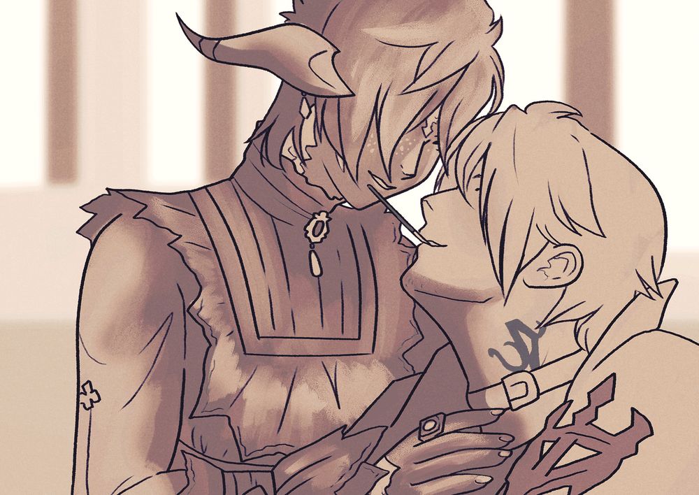 A rough sketch from 2022, of Thancred dangling a piece of pocky up towards an amused Albi. Their eyes are hidden, and the atmosphere is mirthful.