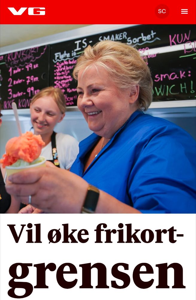 Erna med is på forsiden av VG.no
Vil øke frikort- grensen