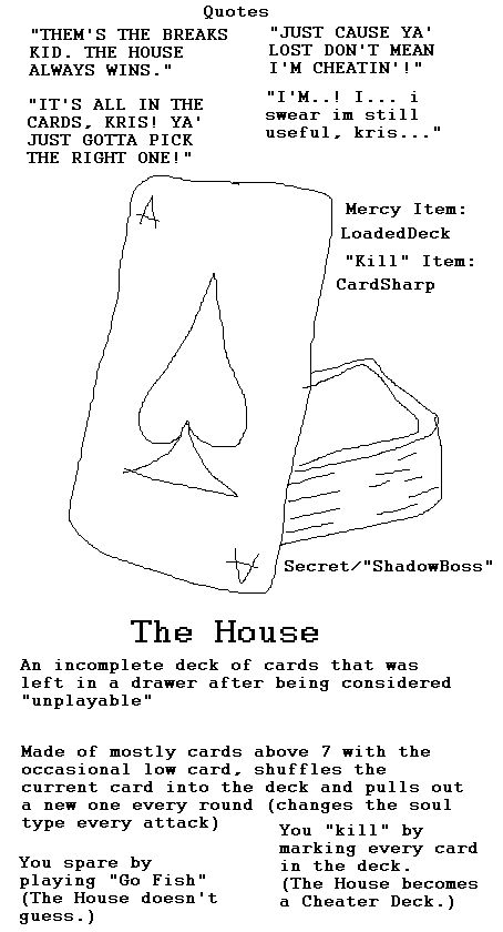 THE HOUSE.
An incomplete deck of cards that was left in a drawer after being considered "unplayable".

Made of mostly cards above 7 with the occasional low card, shuffles the current card into the deck and pulls out a new one every round. (changes the soul type every attack.)
You spare by playing "Go Fish". (The house doesn't guess.)
You "kill" by marking every card in the deck. (The house becomes a Cheater Deck.)
The House is the Secret/Shadow-Boss
Quotes:
"THEM'S THE BREAKS, KID. THE HOUSE ALWAYS WINS."
"JUST CAUSE YA' LOST DON'T MEAN I'M CHEATIN'!"
"IT'S ALL IN THE CARDS, KRIS! YA' JUST GOTTA PICK THE RIGHT ONE!"
"I'M...! I... i swear im still useful, kris..."