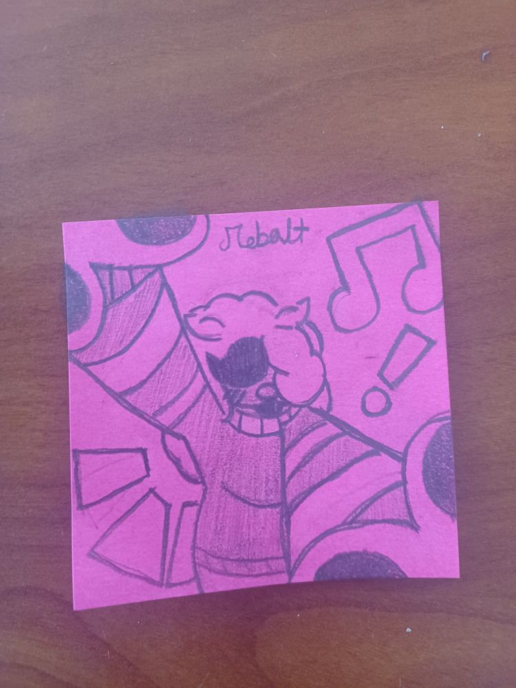 Cobalt, a protogen Horse-Skunk posing for the camera. Drawn on a pink sticky note.