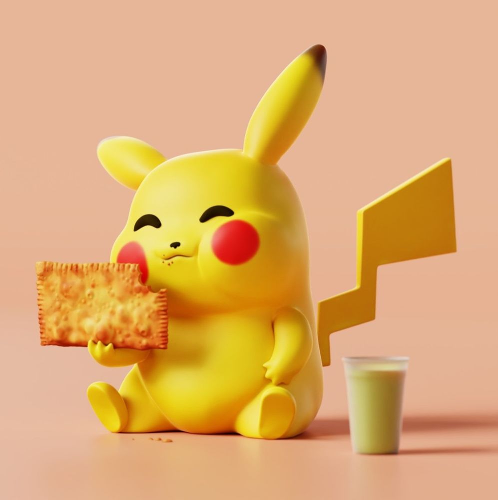 pikachu segurando um pastel mordido com um sorriso fofo os olhinhos fechados e um copão de caldo de cana do lado