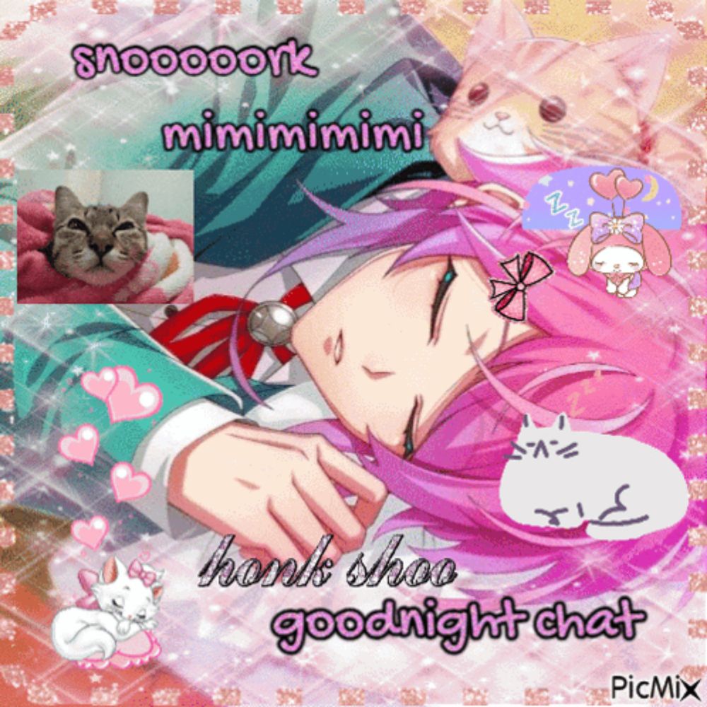 a picture of a girl sleeping next to a cat and the words goodnight chat on the bottom