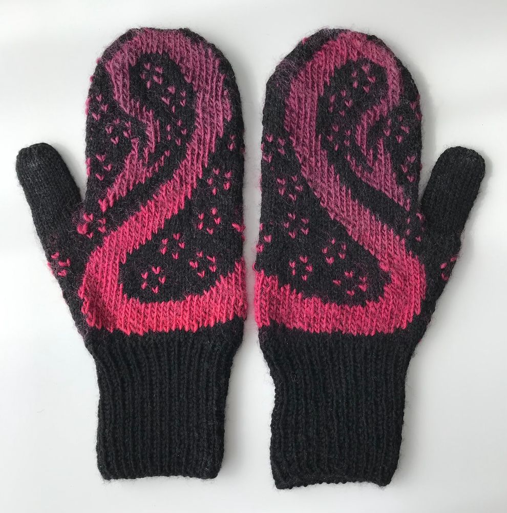 Two mittens, palms up, are displayed on a white surface. The mittens are black, and each has the tail of a dragon on it.