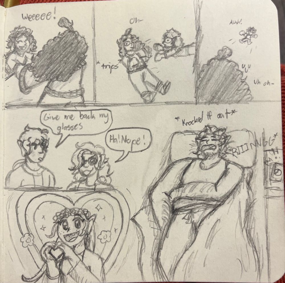 Little comic strip of my OC Lyxander (guy with long black hair and thick long sleeve shirt) spinning around @stardomstranger OC Empress (Girl with short chaotic hair) while saying “Weeee!” until he accidentally trips and lets her go, flinging her into the stratosphere and she screams, with him saying “uh oh-“ in a worried tone

A little interaction with my OC Isaac saying “Give me back my glasses” in an annoyed tone to his twin sister Inez, who says “Ha! Nope!”

A little doodle of my OC Aurora doing heart hands in an oddly anime style with hearts in the background.

A drawing of my OC Maxwell sleeping through his blaring alarm, with me putting *knocked tf out* over it