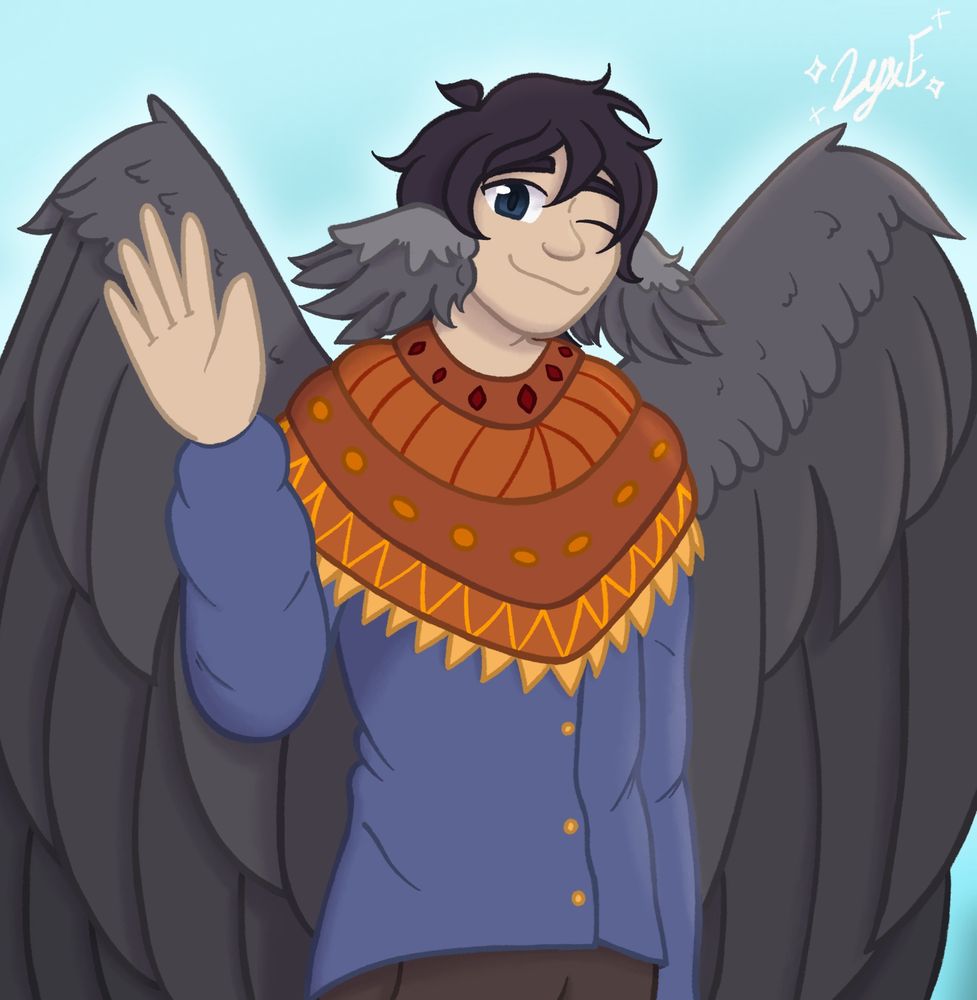 Quint facing the camera waving, I’m glad I got to draw his wings it was fun practice!
