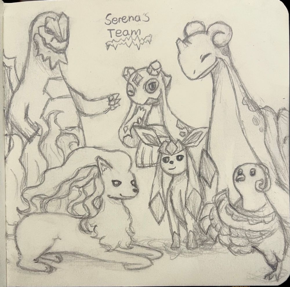 Serena’s ace pokemon Alolan Ninetales is lying down in the bottom left corner of the page. Next to it is Glaceon sitting down, and next to Glaceon is Baile style Oricorio posed up with its wing covering over itself✨

Behind Ninetales is Baxcalibur standing happy, next to it is Froslass floating and looking mischievous, and next to it is Lapras looking happy as well
