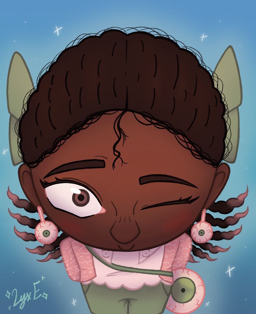 Nightmare Iris looking up at the viewer in a very cursed angle. At least she looks happy???