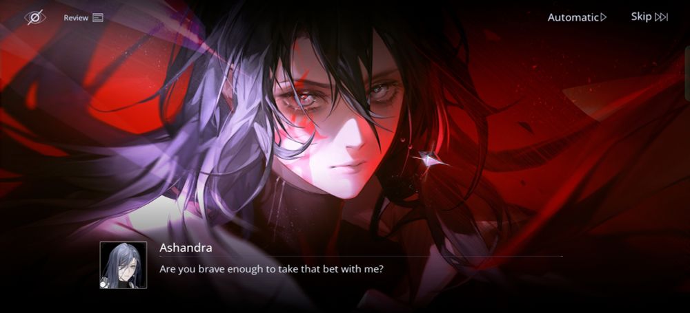 Chief: "Are you brave enough to take that bet with me?"
There's an illustration on screen showing her with a red mark on half of her face, looking shackle-like.