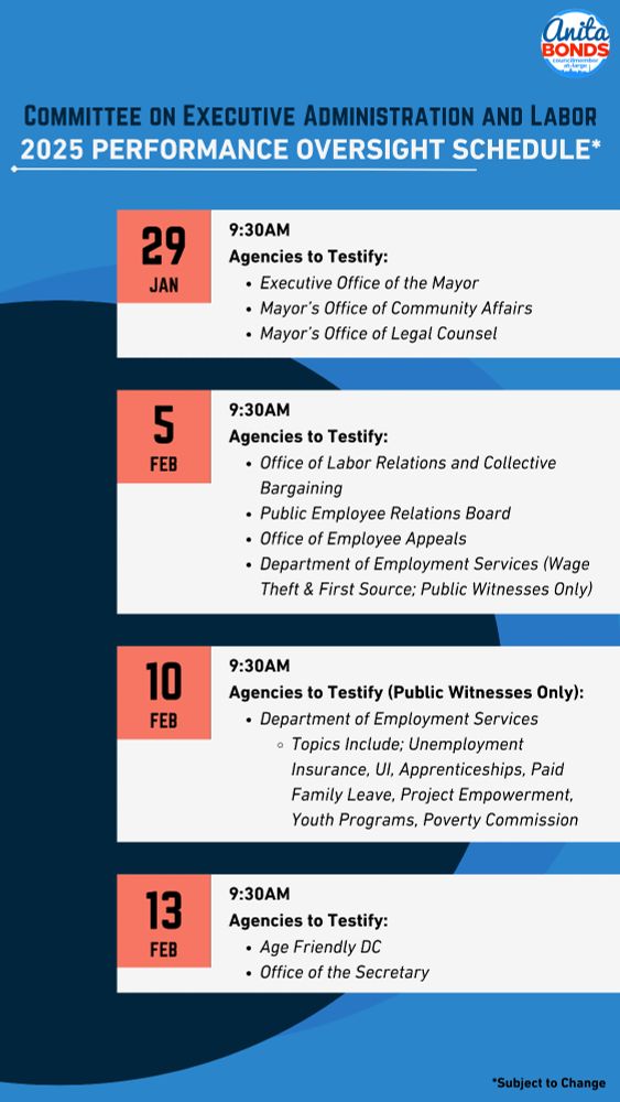 Page 1 of graphic of the committee on executive administration and labor's performance oversight schedule. Dates Jan 29, Feb 5, Feb 10, and Feb 13.