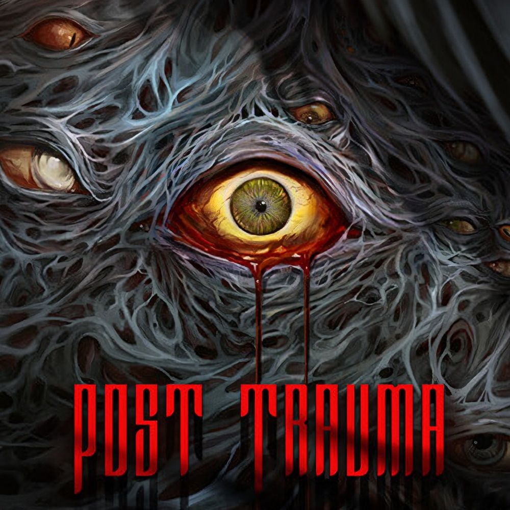 game art for POST TRAUMA. there is a wall made of webs, that has eyes. the eyes are bleeding. Note: I know, and I'm sorry.