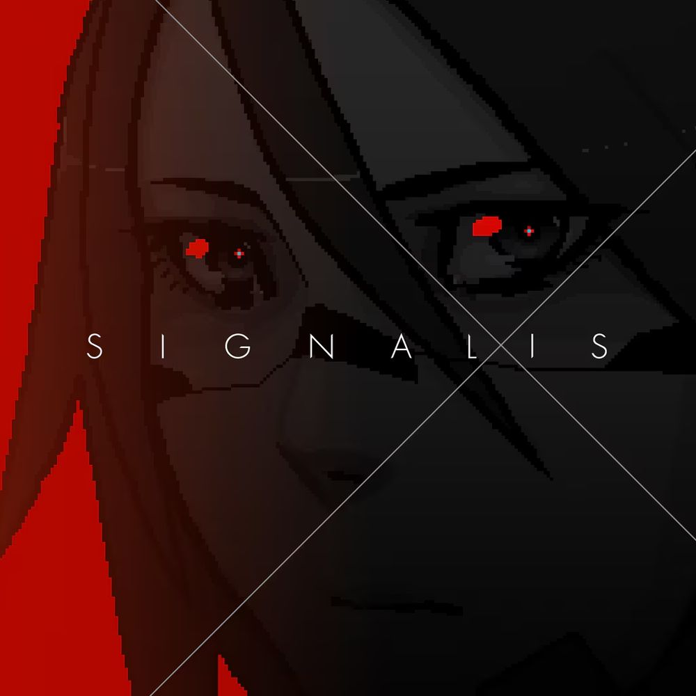 game art for SIGNALIS, featuring the main character LSTR in an extreme close up.