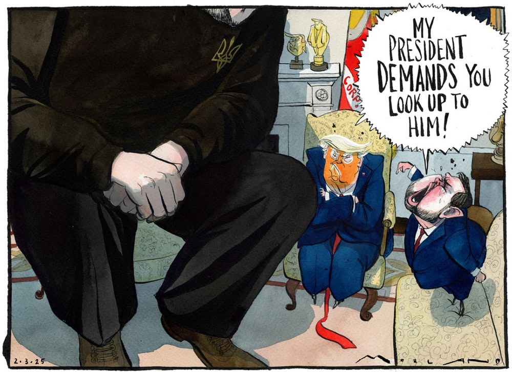 Small American leadership (Trump and Vance) is demanding that the big President Zelenskyy look up to Trump.