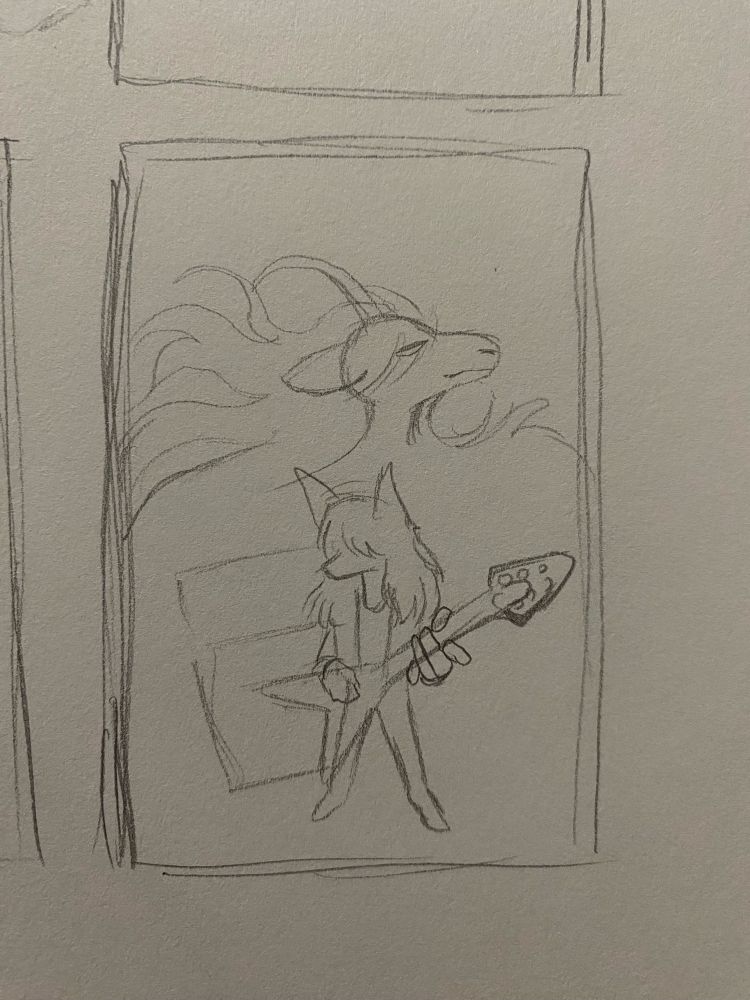 A very simple thumbnail sketch for an upcoming comic. We have high-angle shot of a short dog with a Flying V, and a mysterious goat figure with long, flowing hair in the background.