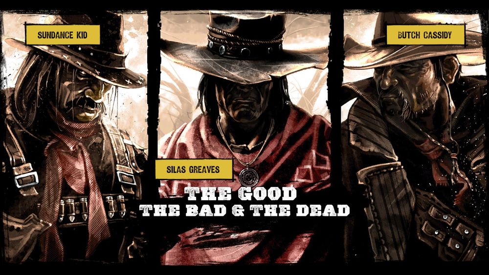 screenshot of comic-like frame layout portraying three character before "Mexican standoff" with "The good the bad and the dead" text (a reference to Sergio Leone's "The Good, the Bad and the Ugly" 1966 movie) from a videogame Call of Juares: Gunslinger