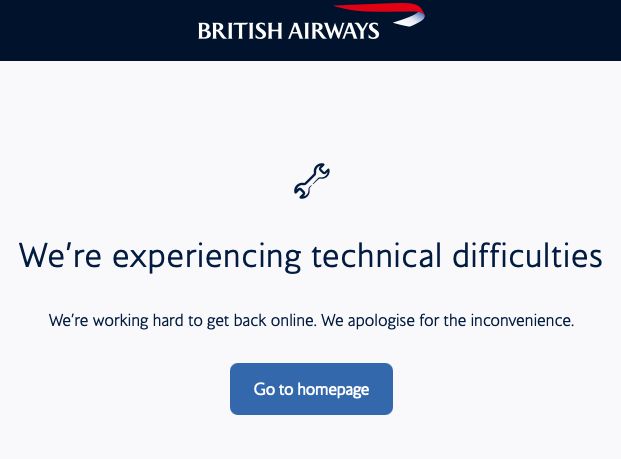Screenshot of BA.com saying "We’re experiencing technical difficulties"