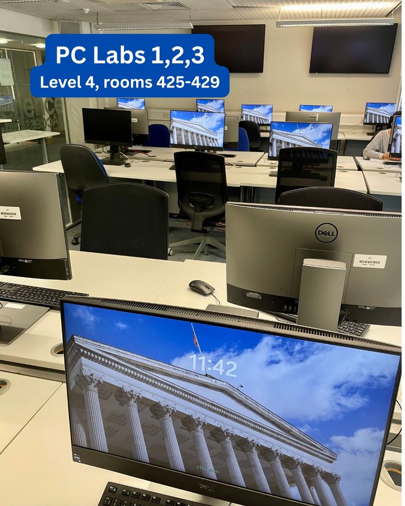 Computer room. Text says PC Labs 1,2,3. Level 4, rooms 425-429.