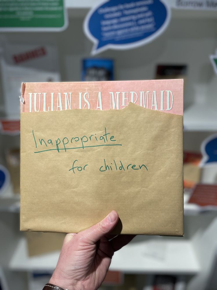 Book partially covered with brown paper with a handwritten accusation of 'inappropriate for children'