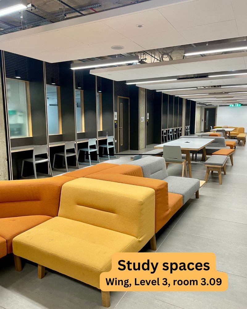Orange sofas in front of individual study spaces. Text says Study spaces, Wing, Level 3, room 3.09