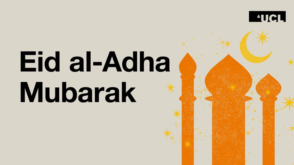 Text reads "Eid al-Adha Mubarak" next to an illustration of mosque minarets under a crescent moon.