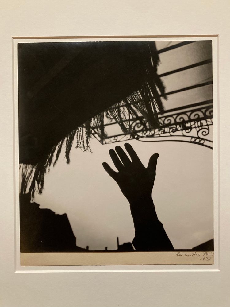 Black silhouette of a hand reaching upwards towards the sky. Fringing and decorative ironwork can be seen in the background. 

Untitled (Hand in silhouette),
Paris, 1931
Photograph, vintage gelatin silver print on paper
The Art Institute of Chicago, Julien Levy Collection, Gift of Jean Levy and the Estate of Julien Levy, 1988.157.52
X99337