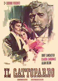 Film poster for Il Gattopardo / The Leopard showing illustrations of the three main stars, Burt Lancaster, Alain Delon and Claudia Cardinale. 