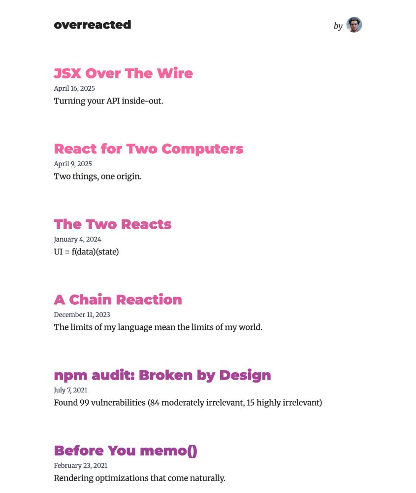 screenshot of overreacted blog. recent articles are more pink, the rest are darker purple