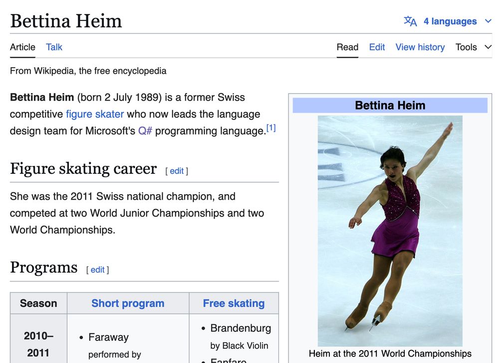 wikipedia screenshot: "Bettina Heim (born 2 July 1989) is a former Swiss competitive figure skater who now leads the language design team for Microsoft's Q# programming language."