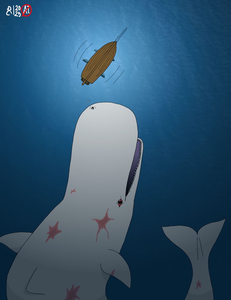 A digital art piece featuring Moby Dick, the titular white whale from the novel by Herman Melville. He is about to attack a ship from below. The whale also has numerous harpoon scars.