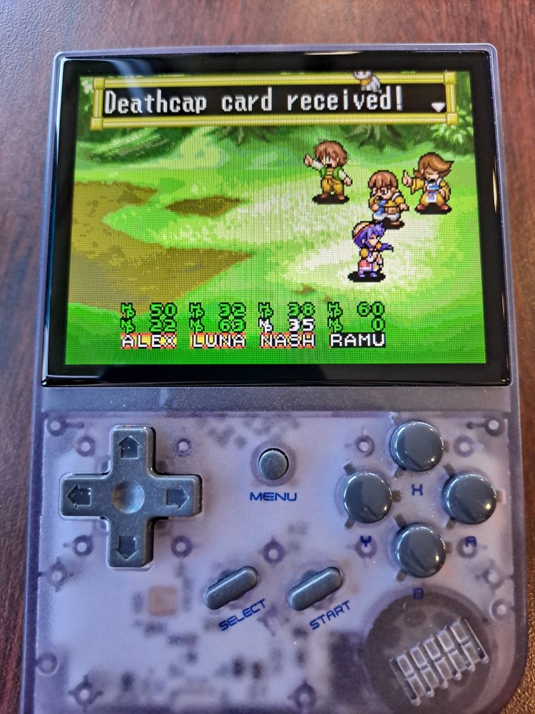 lunar legend running on a hand held emulator shaped like a game boy color