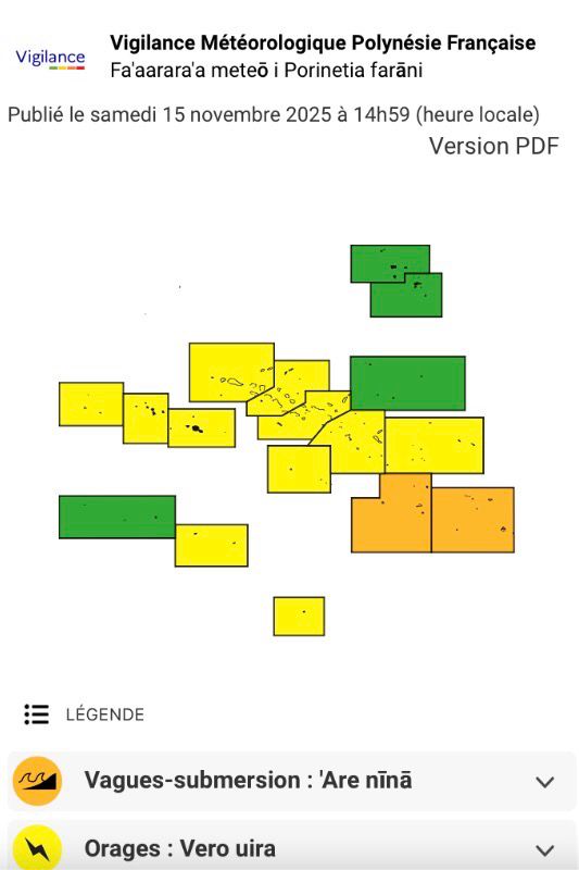 Carte de la Vigilance météorologique en Polynésie française #VigilanceOrange #VaguesSubmersion  sur les îles Gambier et Tuamotu sud. 

