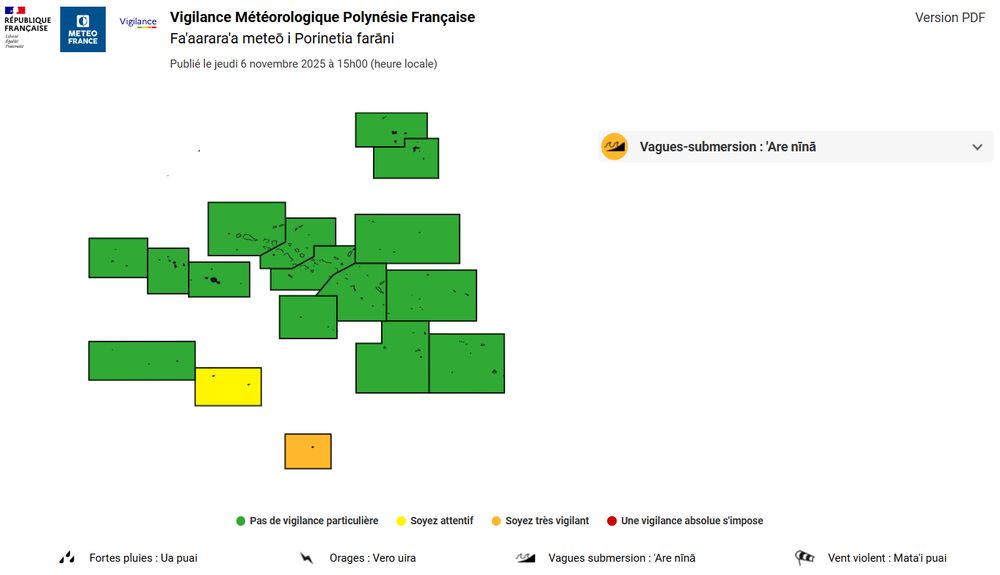 Carte de vigilance météorologique en Polynésie française avec une vigilance orange vagues submersion pour l'ile de Rapa et jaune pour les Australes centre