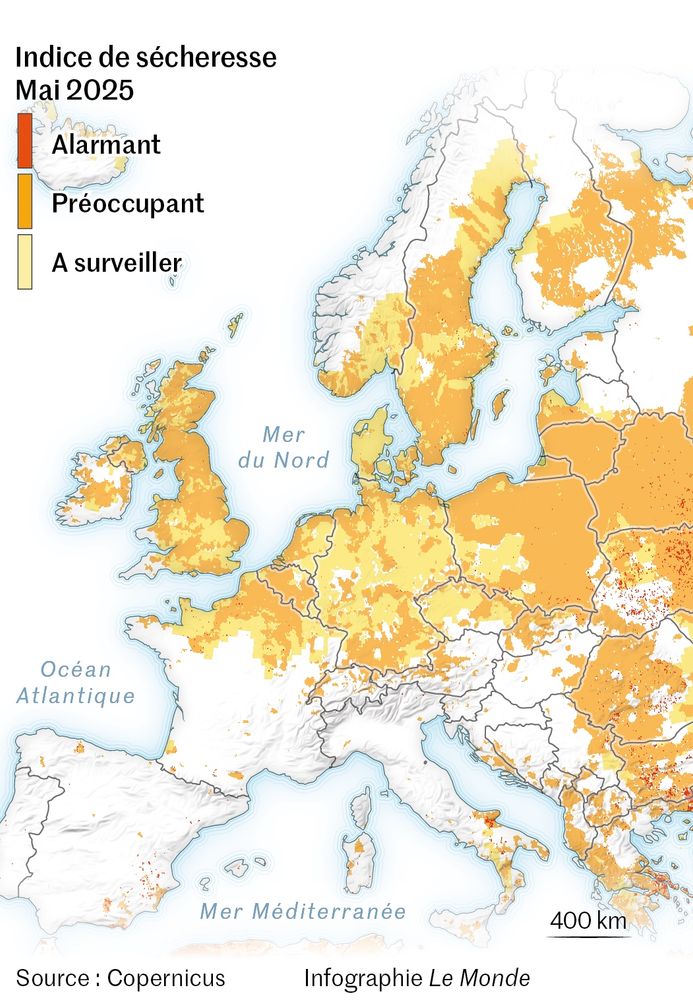 Carte de l’Europe montrant la sécheresse sur le Nord du continent, y compris sur le Nord de la France.