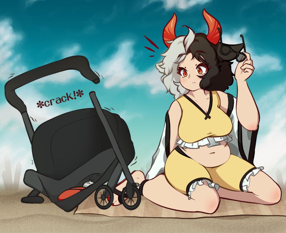 Art showing Urumi Ushizaki from Touhou sitting on the shore of what I tried to look like Sanzu River, having a stroller for her stone baby that ended up not being strong enough to carry it, breaking as a result. She looks over in surprise.
