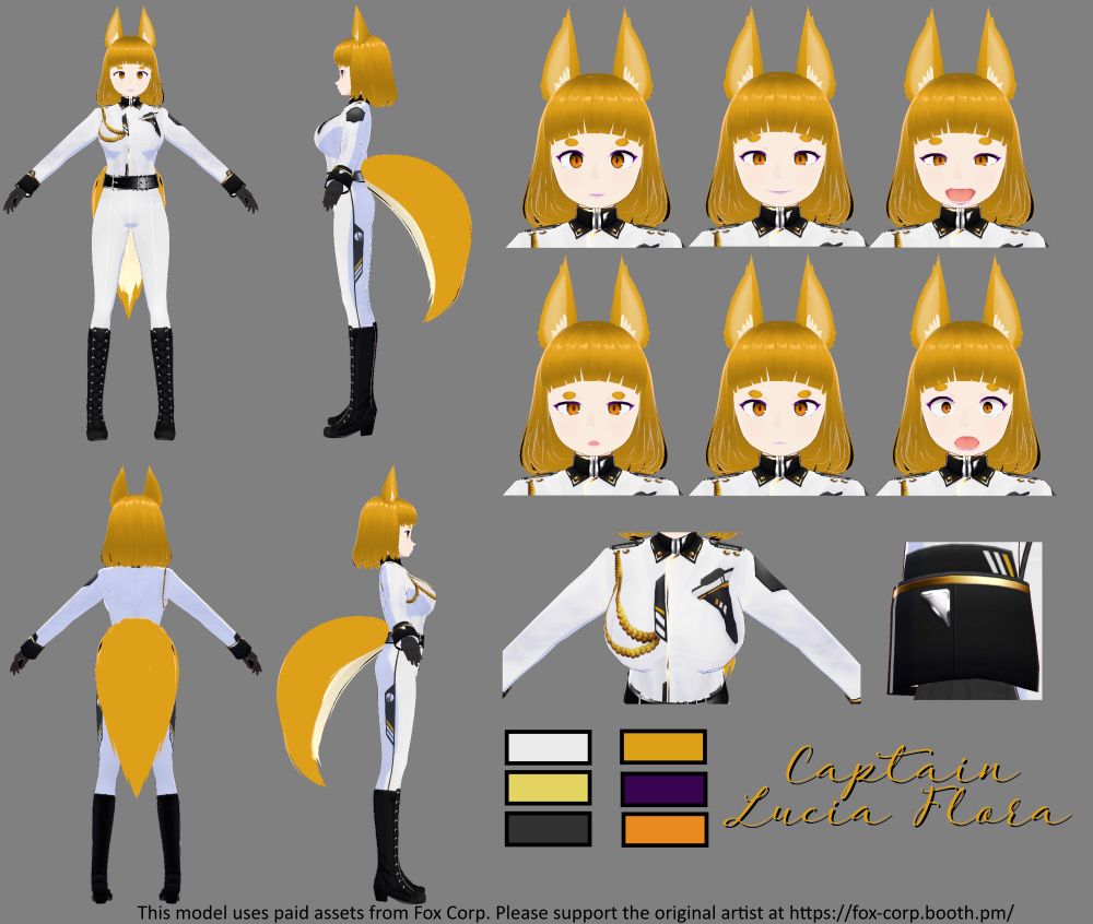 A reference sheet for Captain Lucia Flora. She has fox ears on top of her head and one large and fluffy fox tail. Her fur is golden yellow, and the fur at the bottom of her tail is white. The uniform is white with gold and black accents, reminiscent of a naval officer's uniform. Her eyes are an orange, an she has purple eyeshadow and lipstick. At the very bottom is the text "This model uses paid assets from Fox Corp. Please support the original artist at https://fox-corp.booth.pm/"