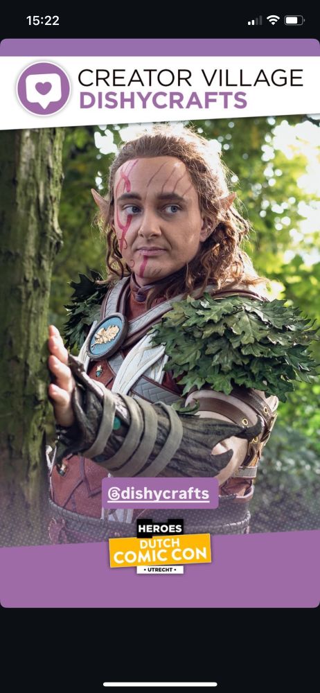 A picture of Dishy dressed as Halsin announcing he will be attending Dutch Comic Con as a creator this coming edition