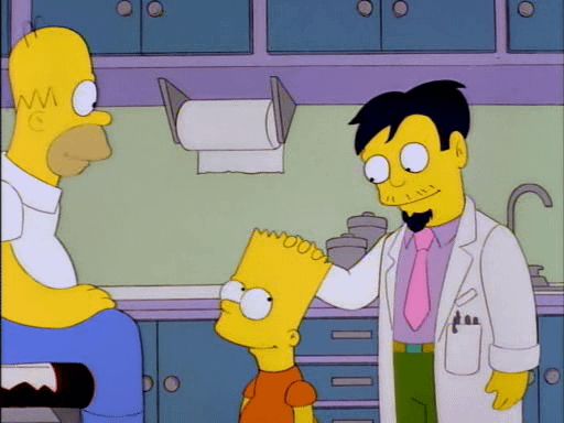 Dr Nick patting Bart Simpson on the head as he says, “Hey, did you go to Hollywood Upstairs Medical College too?”