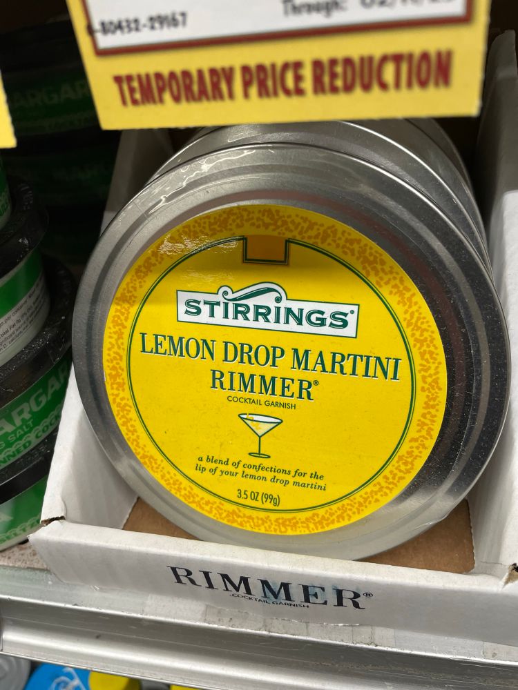 Canister of seasoned sugar labeled “Lemon Drop Martini Rimmer”