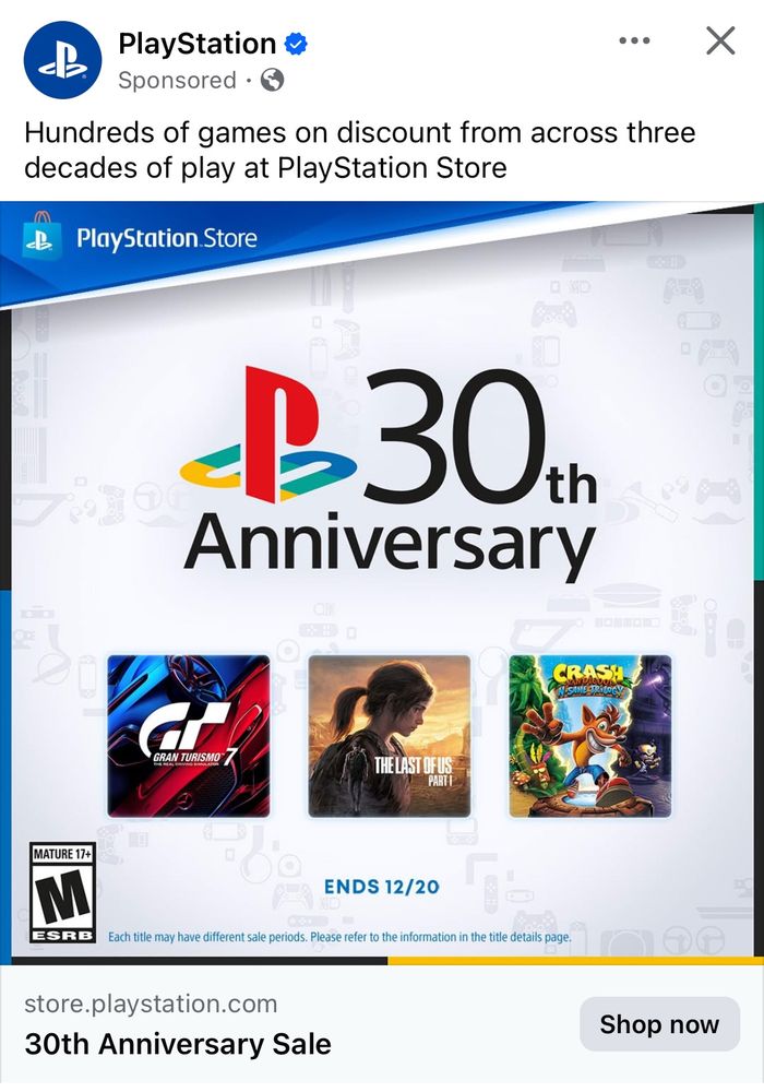 Ad for a sale to celebrate the 30th anniversary of the PlayStation release
