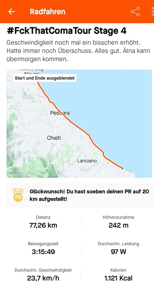 Radkarte der 4. Etappe der #FckThatComaTour. Heute sind wir 77,26 Kilometer und 242 Höhenmeter gefahren. Wir haben 3 Stunden, 15 Minuten und 49 Sekunden gebraucht. Der Turtle hat im Schnitt 97 Watt getreten und ist durchschnittlich 23,7 km/h gefahren. Dabei hat er 1.121 Kcal verbrennt.