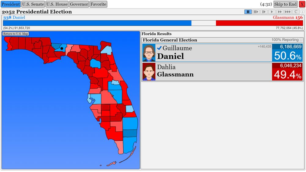 La Floride bascule, 50.6% pour le démocrate contre 49.4%. 140 000 voix d'écart.