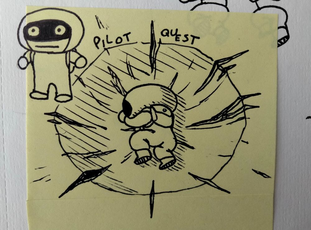 An ink drawing of the Pilot from "Pilot Quest", laying in a crater in the "Yamcha pose" from Dragon Ball Z. There is also a t-posing Pilot in the upper-left hand corner of the drawing. 